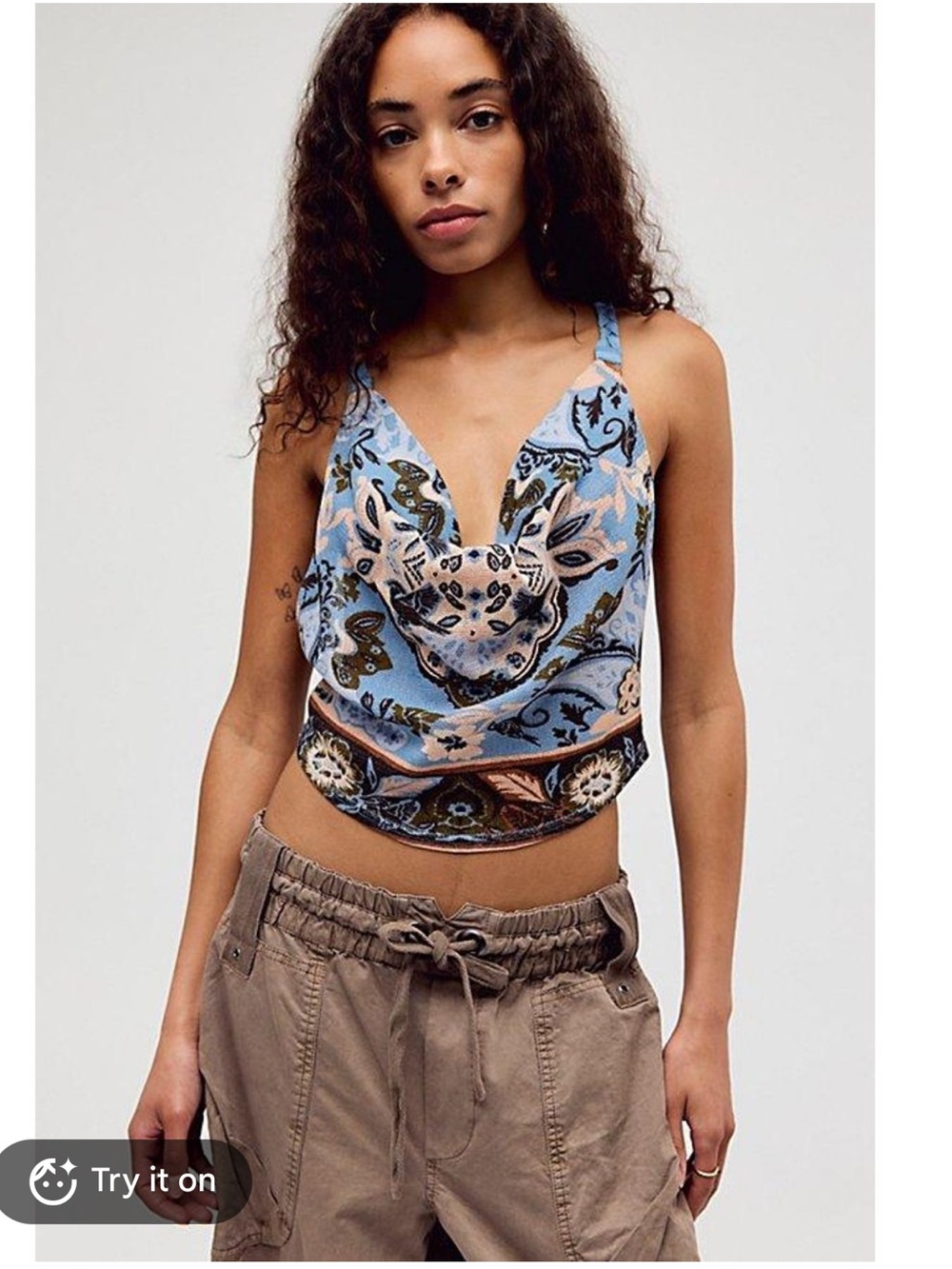 Free People Blue Paisley Cowl-Neck Crop Top